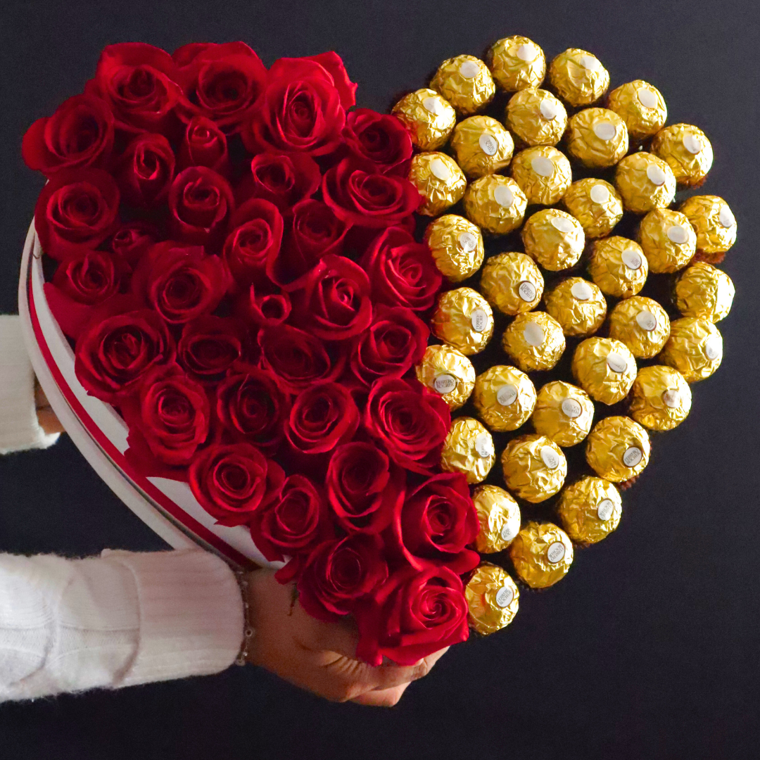 JE T' AIME- Hermoso arreglo de rosas rojas y chocolates