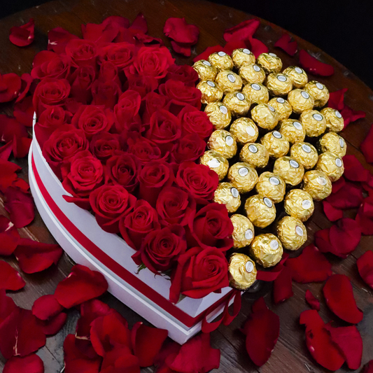 JE T' AIME- Hermoso arreglo de rosas rojas y chocolates
