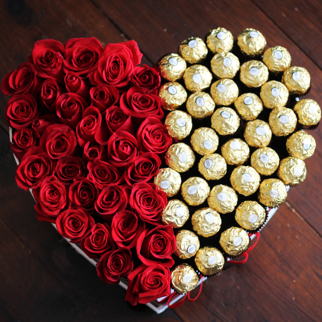 JE T' AIME- Hermoso arreglo de rosas rojas y chocolates