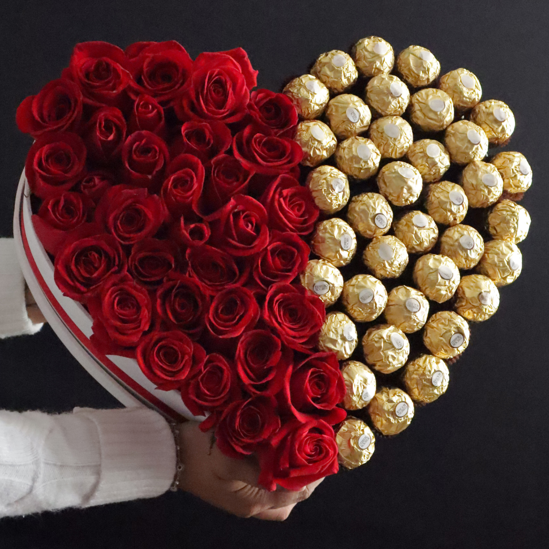 JE T' AIME- Hermoso arreglo de rosas rojas y chocolates